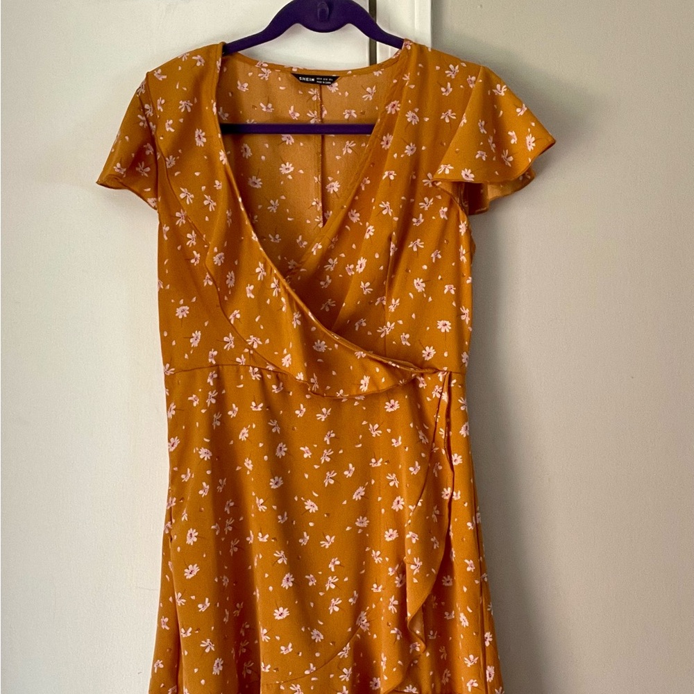 SHEIN Asymmetrical Dress in Mustard Floral